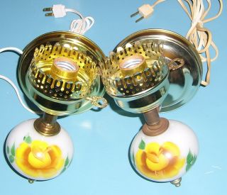 2 Vintage Milk Glass Painted Yellow Rose Wall Electric Plug Light Lamp Sconces