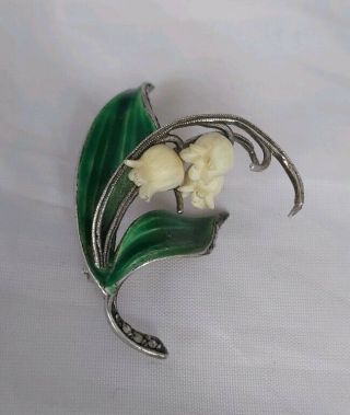 Vintage Sterling Silver Marcasite Enamel Snowdrop Flower Brooch