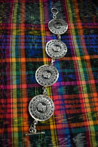 Vintage 925 Sterling Silver Mayan Aztec Calendar Link Bracelet 2