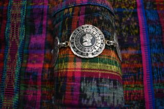 Vintage 925 Sterling Silver Mayan Aztec Calendar Link Bracelet 6