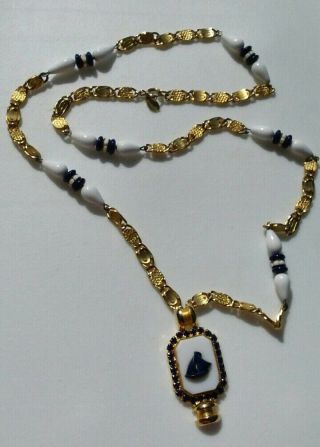 Vintage William Delillo Gold Necklace Blue White Glass Beads With Ship Pendent
