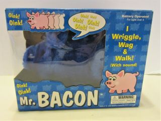 Vtg Mr.  Bacon Battery Operated Pig Wiggles,  Wags,  Walks & Oinks Plush Blue 1998