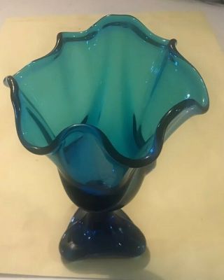 Vintage Viking Glass Mid Century Blue Footed Swung Vase