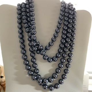 Vintage Heavy Glass Hand Knotted Long Blue Gray Faux Pearl Flapper Necklace 72”