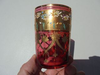 Very Fine Vintage Moser Art Glass Daisy Enameled Cranberry Tumbler 3 5/8 "