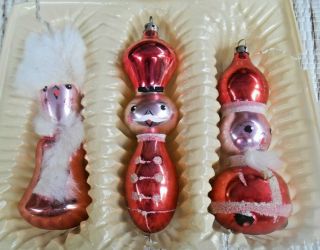 Vintage Set 3 Glass Christmas Ornaments Santa Solider And Women Pink & Red Glass