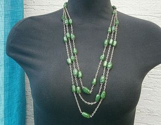 Att821) Vintage Long Green Faux Agate Acrylic Bead Gold Tone Stranded Necklace