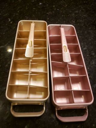 2 Vintage Mcm 1 Pink 1 Gold Frigidaire Quickube Aluminum Metal Ice Cube Trays