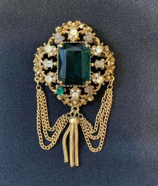 Vintage Florenza Emerald Green Rhinestone Gold Tone Brooch Dangle Drop