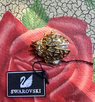 Vintage Signed Swarovski Gold Plated Crystal Rhinestones Beetle Brooch Pin