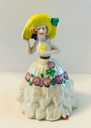Vintage 1950s Porcelain " Lady With Yellow Bonnet " Perfume Bottle W/cork Stopper