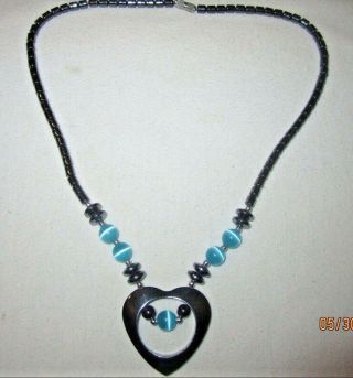 Vtg Exotic Blue Cats Eye Art Glass Carved Hematite Heart Pendant Estate Necklace