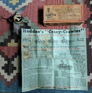 Vintage Heddon Crazy Crawler Fishing Lure Black White Minnow W/ Box And Insert