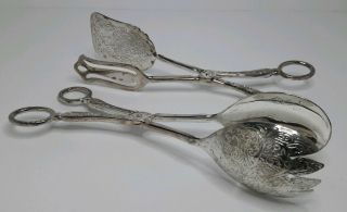 Vintage Salad Tongs Silver Plated With Engraved Design