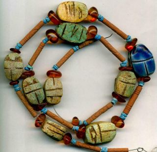 Beads Egypt: Vintage Egyptian Scarab Beads Ceramic Glyphs Amber Turquoise 19 "