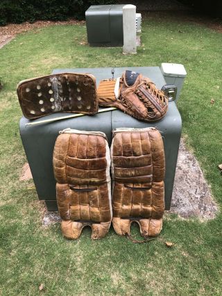 Vintage Cooper Leather Ice Hockey Goalie Pads,  Blocker And Glove