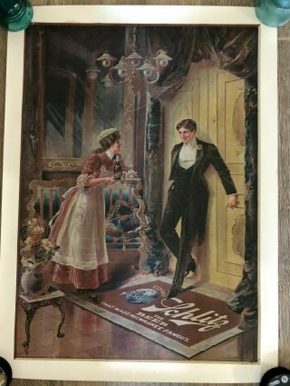 Vintage Schlitz Beer Brewing Co Maid And Handsome Man Poster 22 X 26 Inches