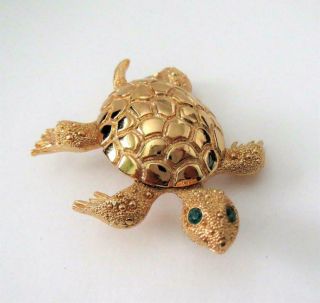 Vintage Sea Turtle Gold Tone Pin / Brooch With Rhinestone Eyes Signed Monet