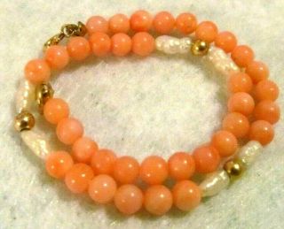 Vintage 14k Gold Pink Coral Pearl Bracelet