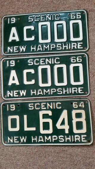 3 Vintage N.  H License Plates 2 - 1966 1 - 1964