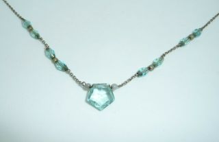 Vintage Czech Edwardian / Art Deco Aqua Blue Crystal & Faux Pearl Drop Necklace