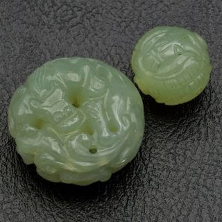 Vintage Translucent Carved Green Jade Dragon Ball Pendant Set Of 2 37.  5 Grams