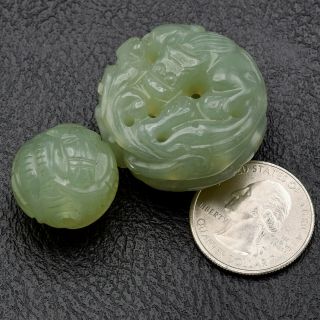 Vintage Translucent Carved Green Jade Dragon Ball Pendant Set of 2 37.  5 Grams 2