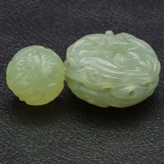 Vintage Translucent Carved Green Jade Dragon Ball Pendant Set of 2 37.  5 Grams 3