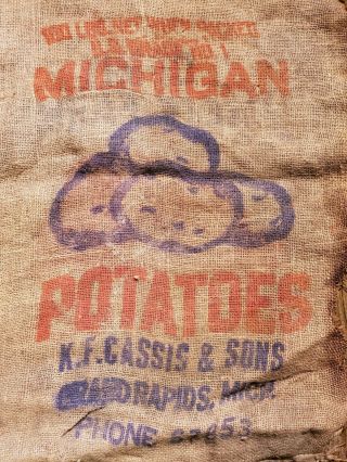 Vintage Burlap Sack K.  F.  Cassis & Son Grand Rapids,  Michigan 100 Lbs Potatoes