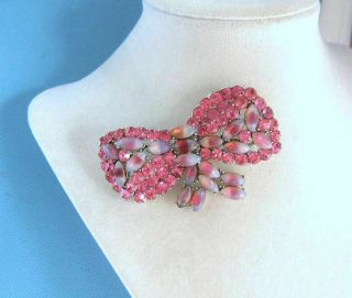 Vtg Large Weiss Pink Art Glass Porphyry Stone Silver Tone Bow Brooch