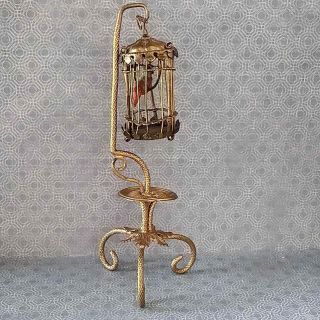 Vintage Bird Cage Dollhouse Brass On Stand With Bird
