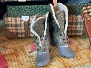 Vintage Miniature Dollhouse Artisan Real Leather Fur Lined Victorian Lady Boots