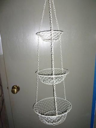 Vintage 3 Tier Metal White Hanging Fruit Collapsible Basket