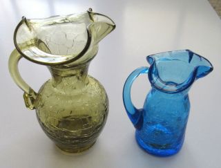 Vintage Set Of 2 Crackle Ware Glass Mini Pitchers - 5 " Amber & 4 " Blue