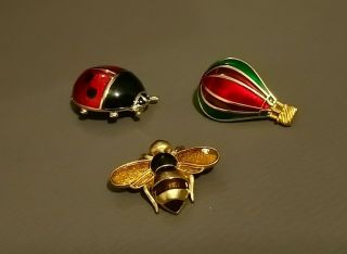 Vintage Style Gold Pin Brooches Set Of Three.  Umbrella,  Ladybird,  Bee