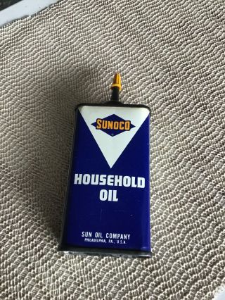 Vtg 1960s Sunoco Household Oil 4 Oz Can Handy Oiler Tin W/ Gas Pump Rear Graphic