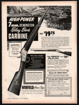 1953 Remington 7mm Rolling Block Carbine & Rifle Winfield Arms Ad Advertising