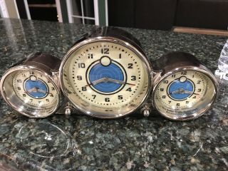 Pottery Barn Triple Face 3 Time Zones Dashboard Clock Silver Blue Light Up Retro