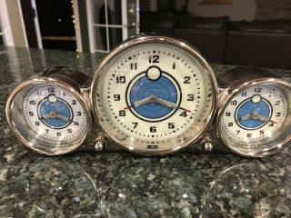 Pottery Barn Triple Face 3 Time Zones Dashboard Clock Silver Blue Light Up Retro 6