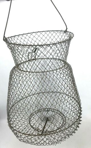 Vintage Wire Collapsible Fishing Bait Basket Spring Loaded W/ Ground Stake - 22 "