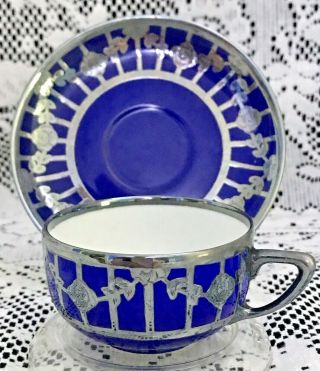 Vintage Rosenthal Selb - Germany Cup & Saucer Cobalt Blue W/ Silver Floral Overlay
