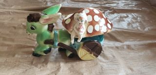 Vintage 1950s Donkey Mushroom Cart Fairy Ceramic Planter