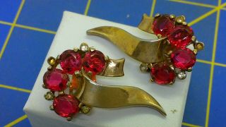 Vintage Signed Trifari “alfred Philippe " Red Rhinestone Clip Earrings