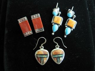 3 Vtg Pairs Native American & Mexican Handmade.  925 Silver Earrings Inlay Coral