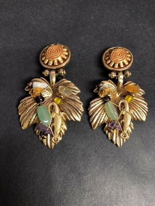 Vintage Robert Rose Clip - On Earrings With Stones And Alligator