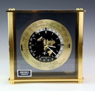 Vintage Seiko Gmt Quartz World Time Sweeping Airplane Brass Mantle Clock Nr Sjs