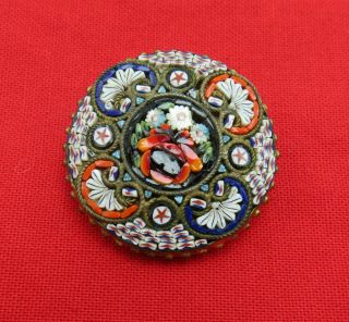 Vintage Italy Brooch Pin Micro Mosaic Orange Blue Floral Signed Jewelry 608k