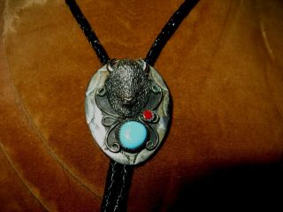 Vintage Southwestern Nickle Silver Buffalo Head Turquoise Coral Usa
