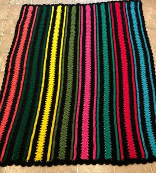 Vintage Multicolor Rainbow Black Stripe Crochet Blanket Afghan Throw 65” X 49”
