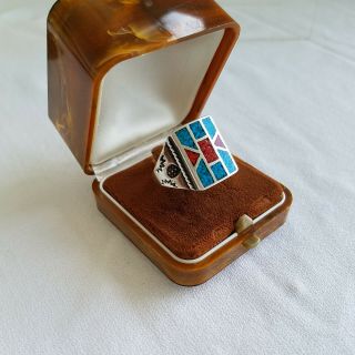 Vintage Navajo Turquoise & Coral Chip Inlay Sterling Man 